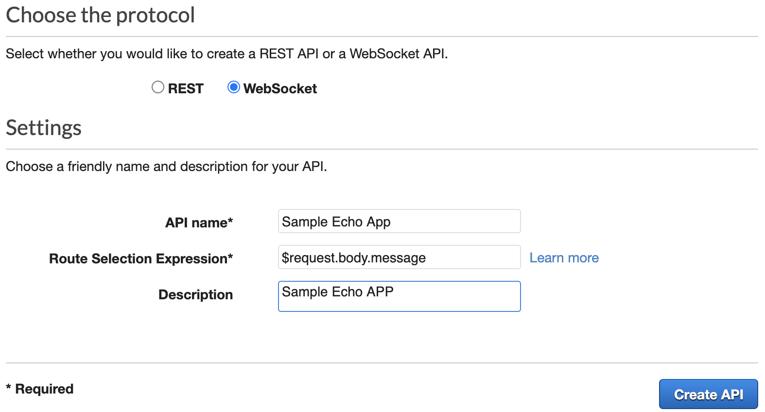 How to create aws websocket api gateway?